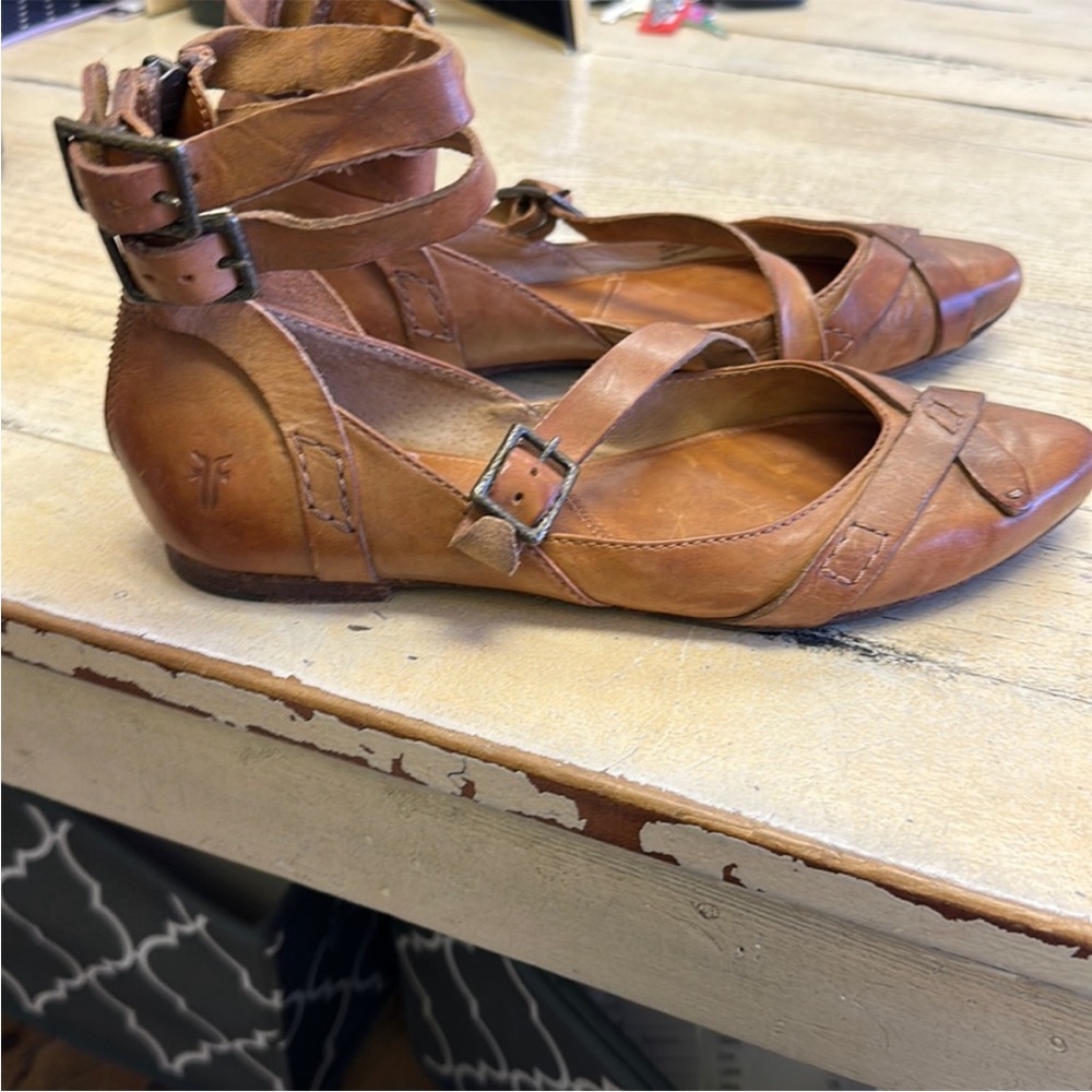 Women's Tan Leather Ankle Strap Flats